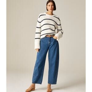 J.Crew Heritage Chunky Cotton Fisherman Crewneck Sweater SZ M Ivory Navy Striped